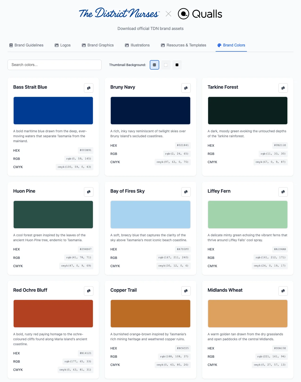Brand colour cards including Bass Strait Blue, Bruny Navy, Tarkine Forest and Midlands Wheat