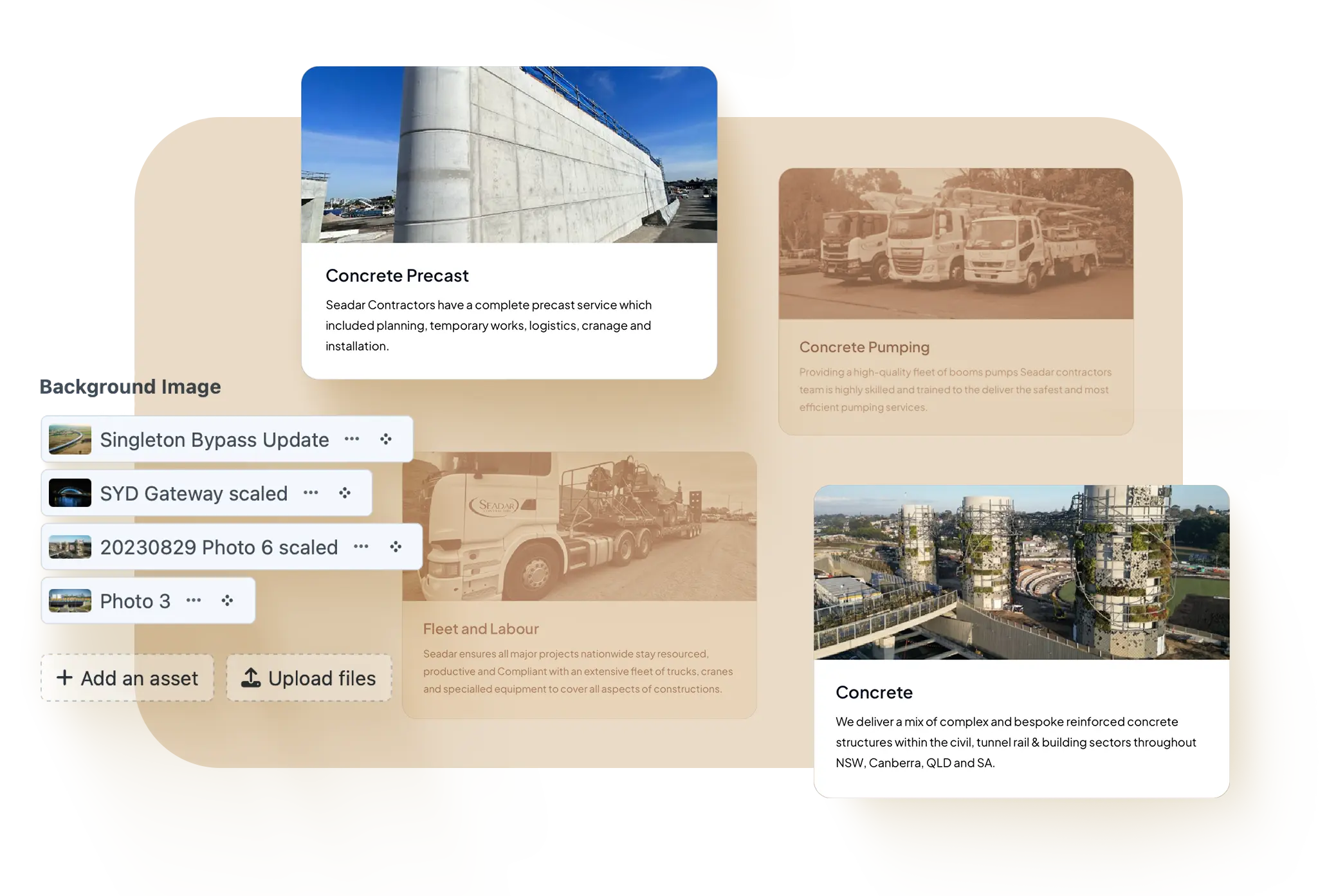 Editors compose project and capability cards with live previews