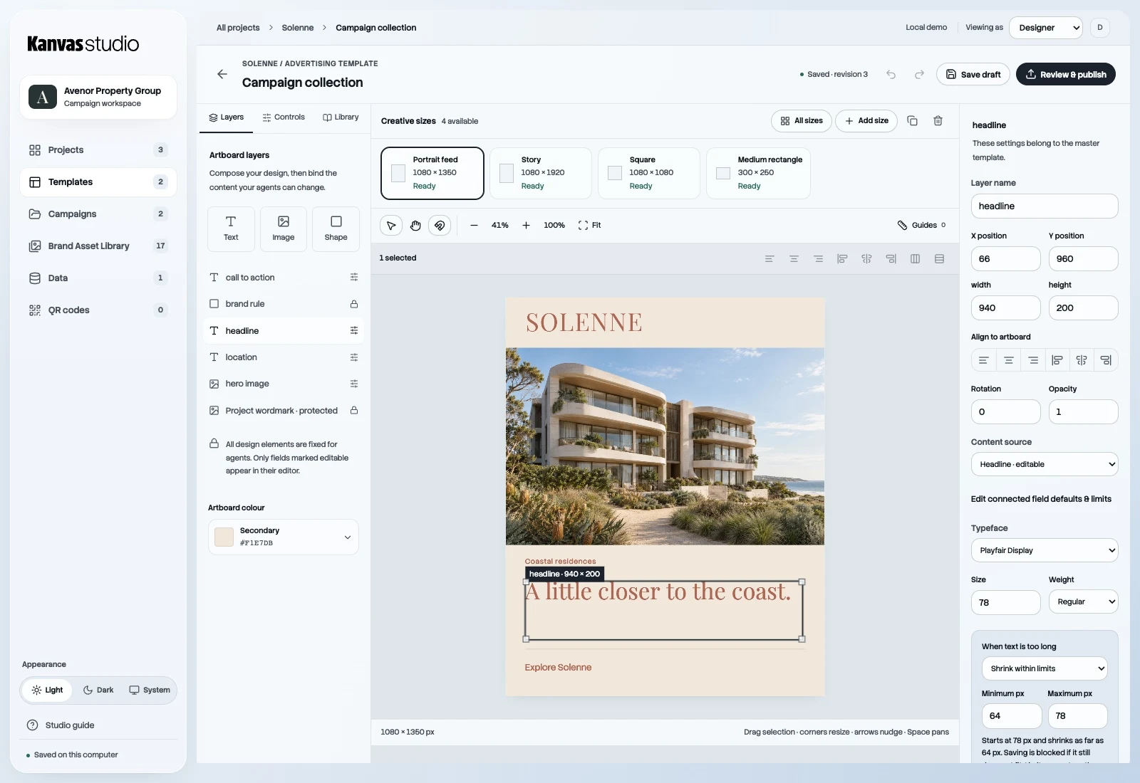 Kanvas Studio designer view with editable layers, separate creative size tiles, canvas guides and selected text settings.
