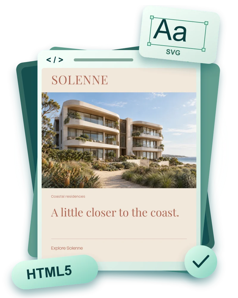 A Solenne display creative with an HTML5 code symbol and vector lettering.