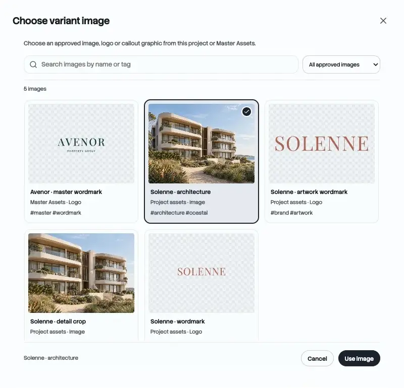 A visual chooser for approved project and Master library images.