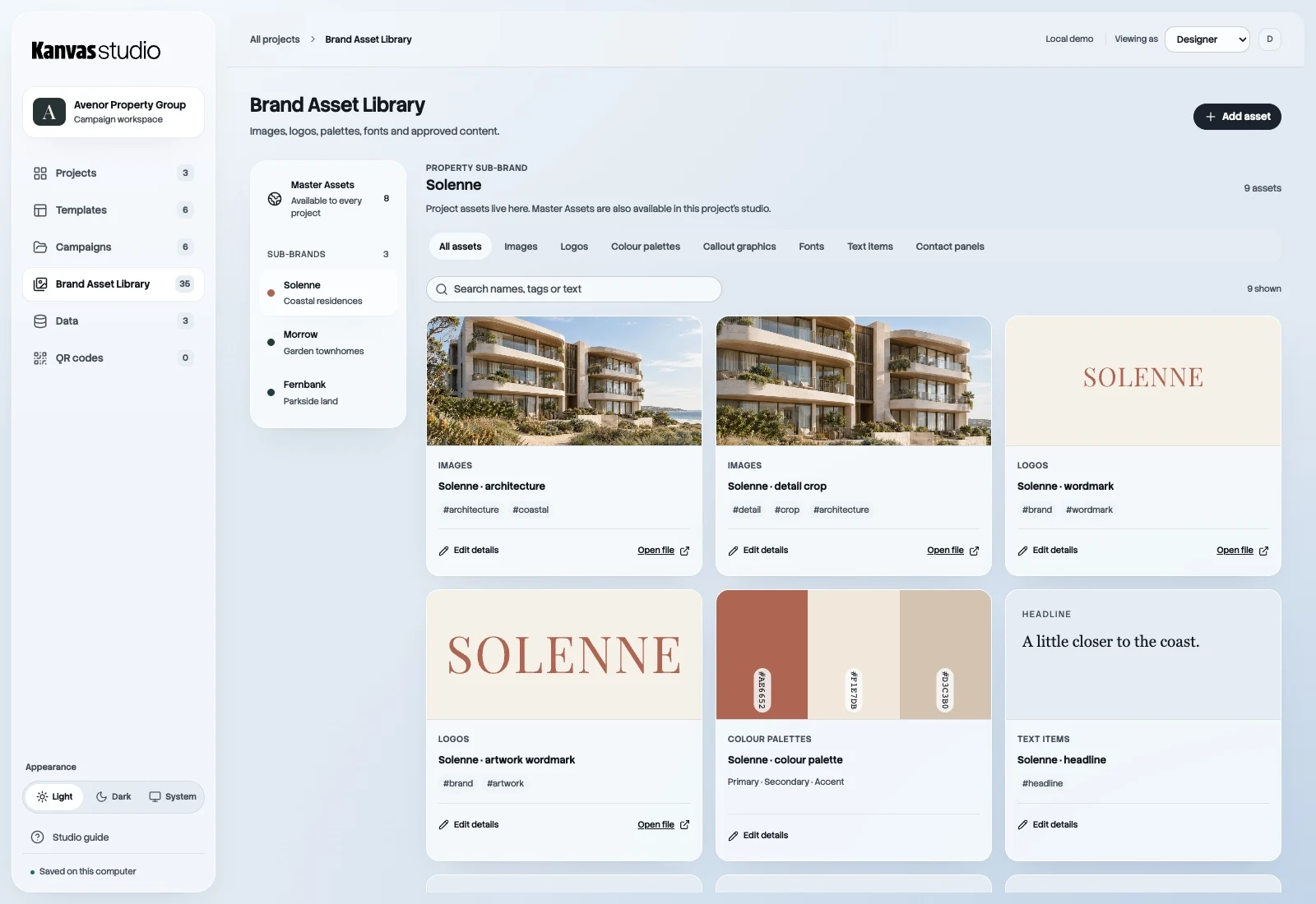 Avenor Brand Asset Library, with shared Master Assets and distinct Solenne, Morrow and Fernbank sub-brands.