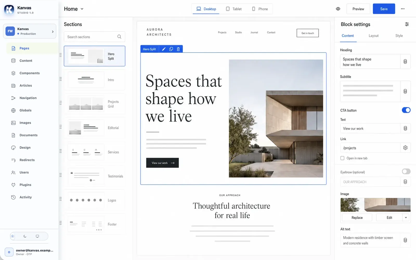 The Kanvas page editor: a section library on the left, the live page in the centre with the hero block selected, and that block's content settings on the right.
