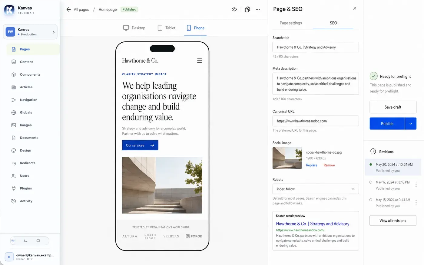 A Kanvas page open in phone preview beside the Page and SEO panel, showing search title, meta description, social image, robots setting, a search result preview and the page's revision history.