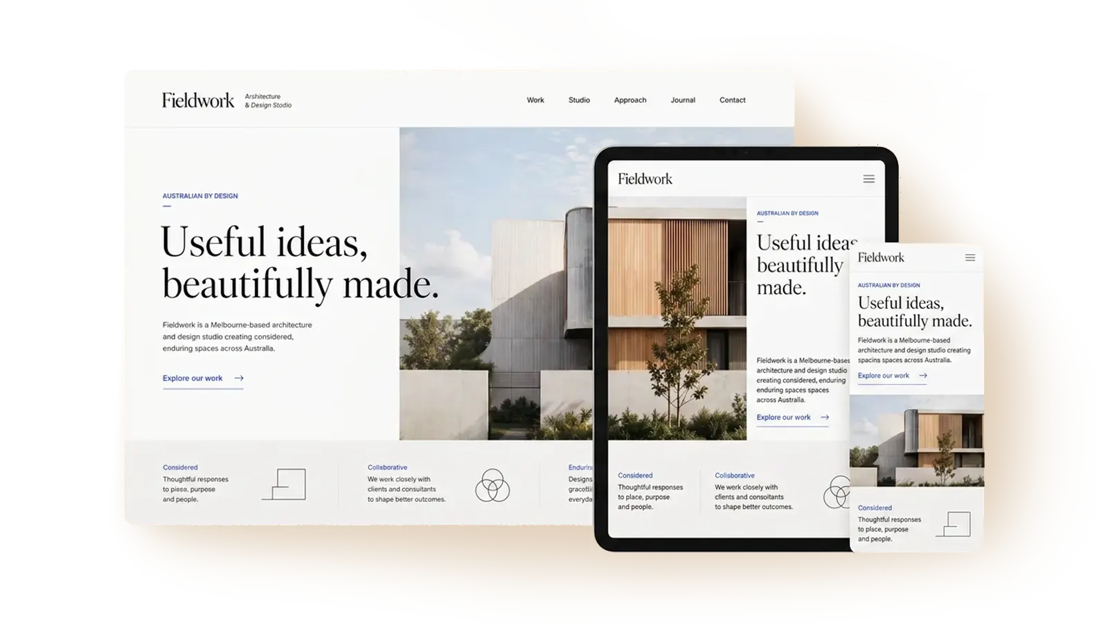 A Kanvas-built architecture studio website shown on a desktop, a tablet and a phone: the same serif headline, building photograph and row of principles, relaid out for each width.