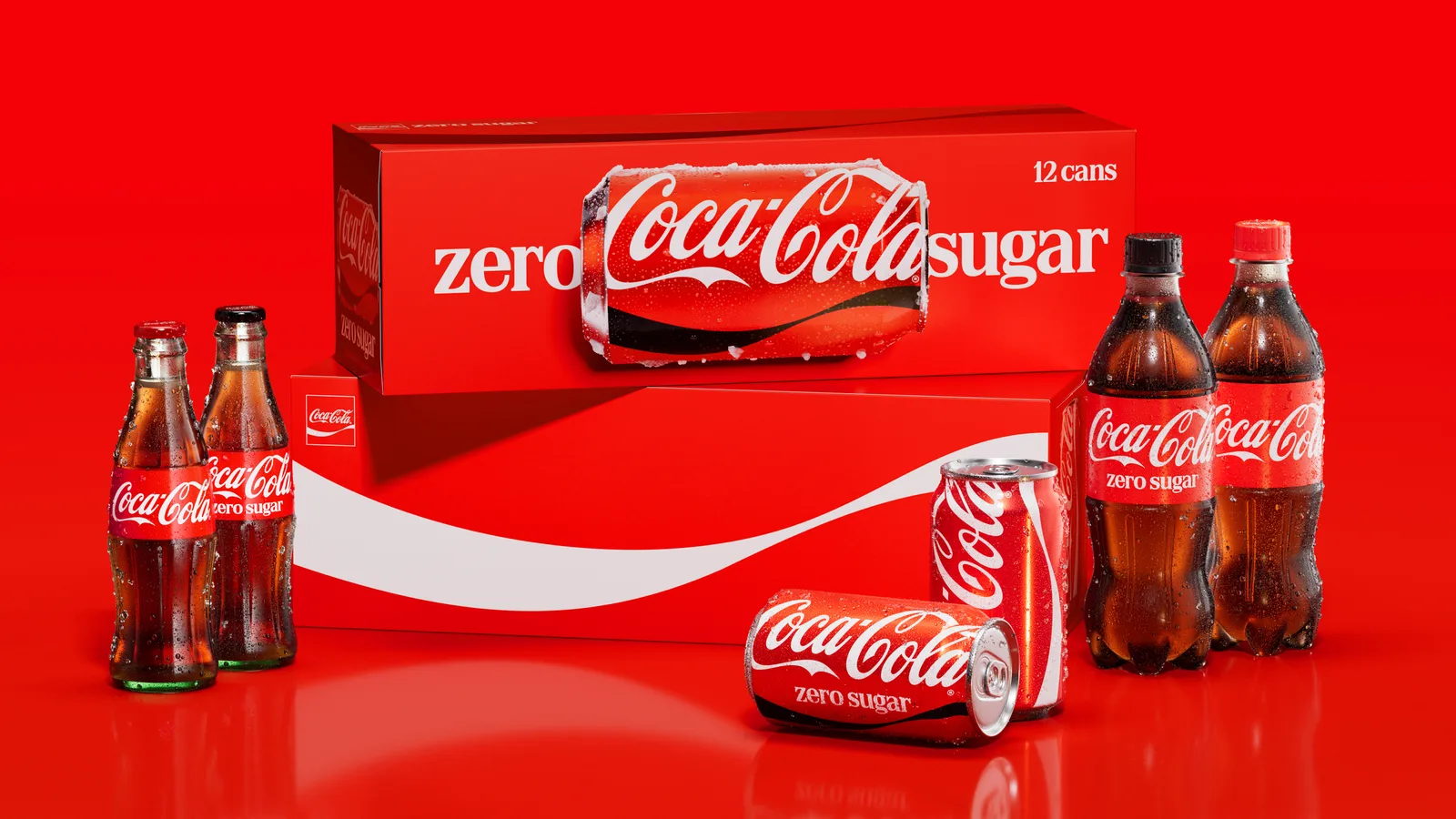 The refreshed Coca-Cola pack family on a red ground: glass bottles, PET bottles and cans with the vertical script, a twelve-can Zero Sugar carton and the white Dynamic Ribbon running across the packs.
