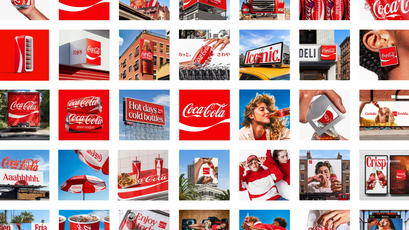 A grid of small photographs showing the refreshed Coca-Cola identity in use: billboards, cans, a delivery truck, a diner sign, a New York taxi top reading Iconic, umbrellas, cups and posters in several languages.